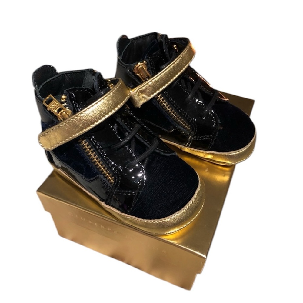 Giuseppe Zanotti Kids Black and Gold Patent High-Top Sneakers